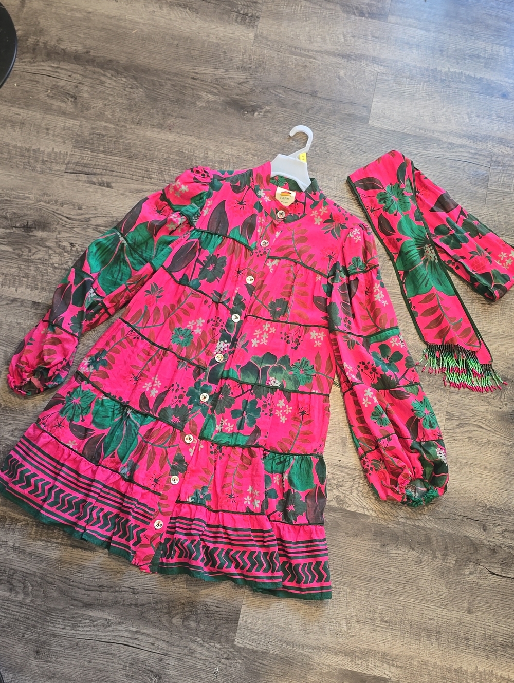 FARM Rio Pink and Green Floral Midi Dress with Matching Scarf